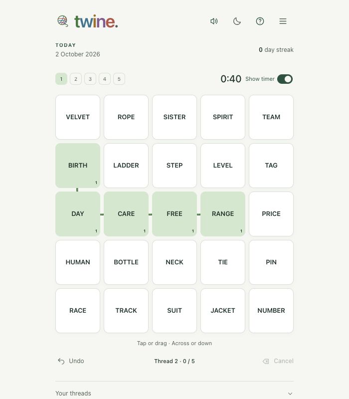 Twine’s word grid with BIRTH, DAY, CARE, FREE and RANGE connected into one thread